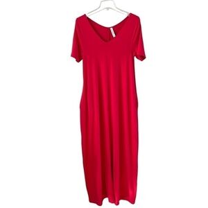 Zenana Premium knit maxi dress short sleeves red side pockets v neck size Small